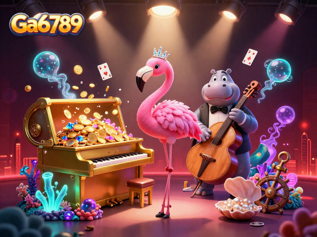 Engage with Ga6789 in a vibrant cartoon casino scene filled with dynamic gaming elements.