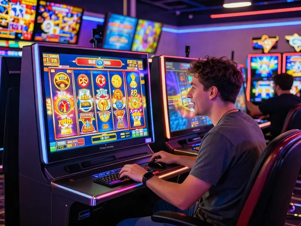 Engaging player enjoying slot online gacor experience at a vibrant online casino setup.
