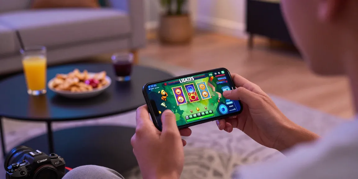 Pengguna aplikasi LIGA335 sedang bermain slot digital di smartphone dengan grafik permainan yang cerah.