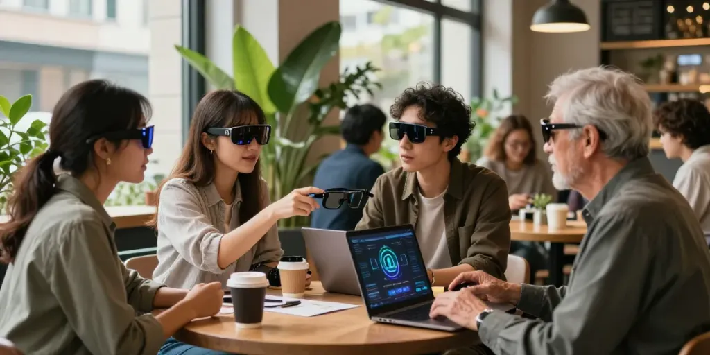 Engaging discussion on AI privacy and smart glasses at bedfordsocialclub.com in a modern café.