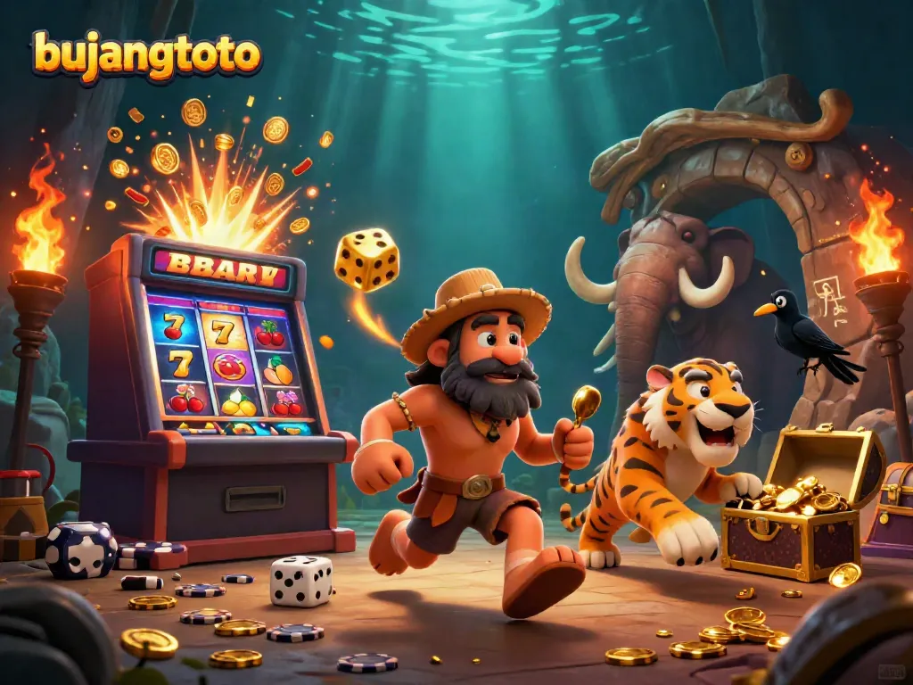 Bujangtoto casino scene featuring caveman and sabertooth duo amidst slot machine jackpots and golden treasures.