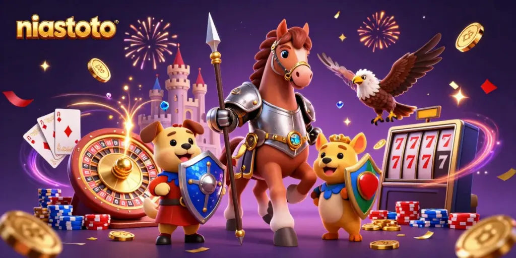Experience the thrill of niastoto with a medieval knight and friends among cascading golden coins and vibrant casino elements.