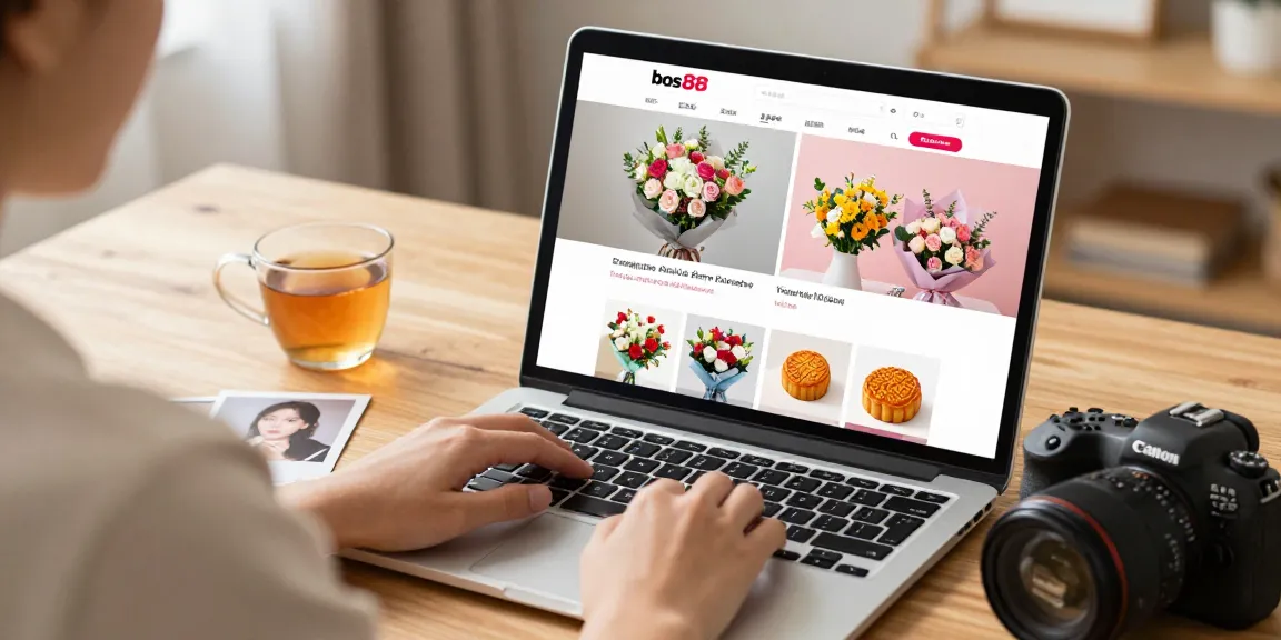 Pengguna menjelajahi platform bos88 dari laptop dalam suasana nyaman dengan produk bunga dan kue bulan yang menarik.