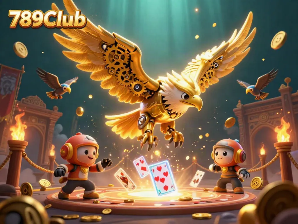 Experience the thrill of 789Club with an exciting 3D casino illustration featuring a golden eagle diving through playing cards.