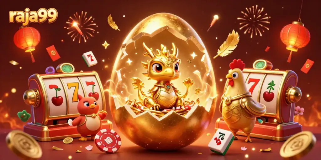 Experience the excitement of raja99 with a gold dragon guarding poker chips amidst slot reels.