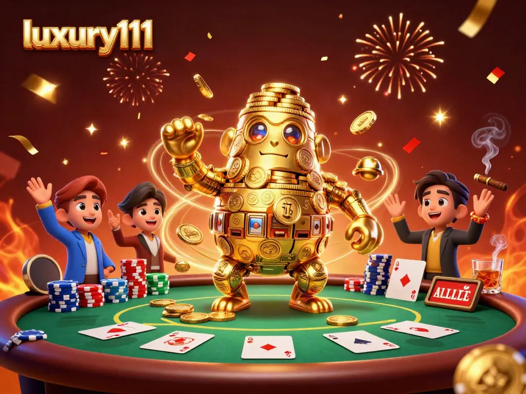 Experience thrilling gaming with luxury111's golden golem, poker elements, and dazzling casino effects.
