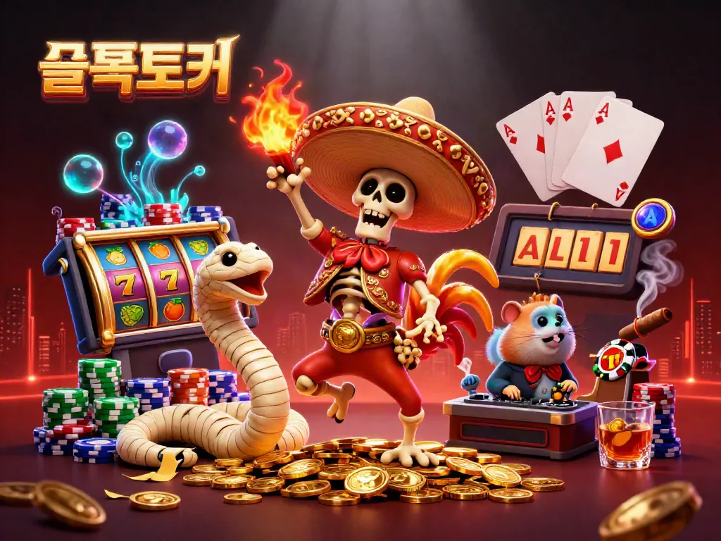 Experience slots like never before with 슬롯토커 in this vibrant 3D casino scene featuring lucky symbols and victory.