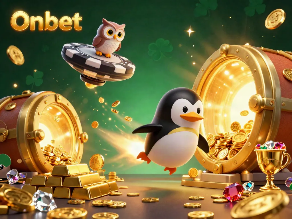 Onbet showcases thrilling gameplay with a golden penguin, poker chip space station, and treasure vault.