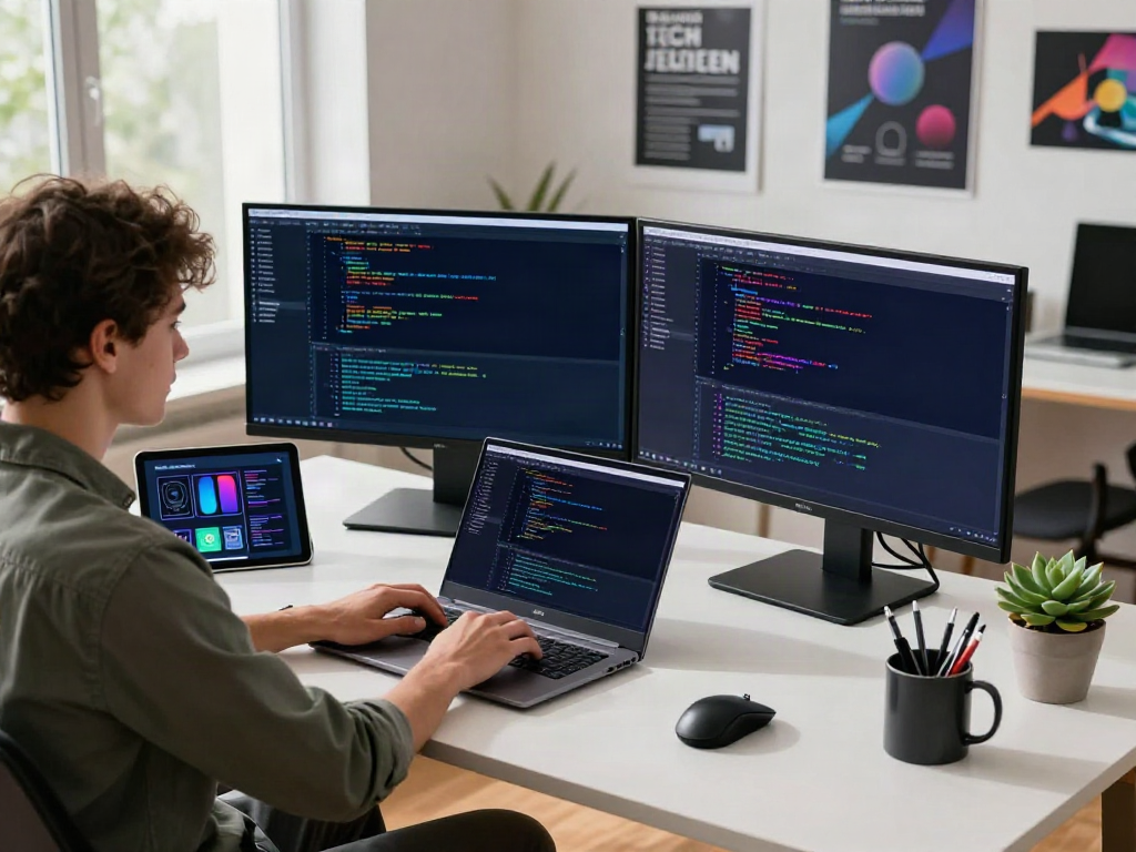 Professional workspace depicting a v2rayN官网 software developer coding in a modern tech office.