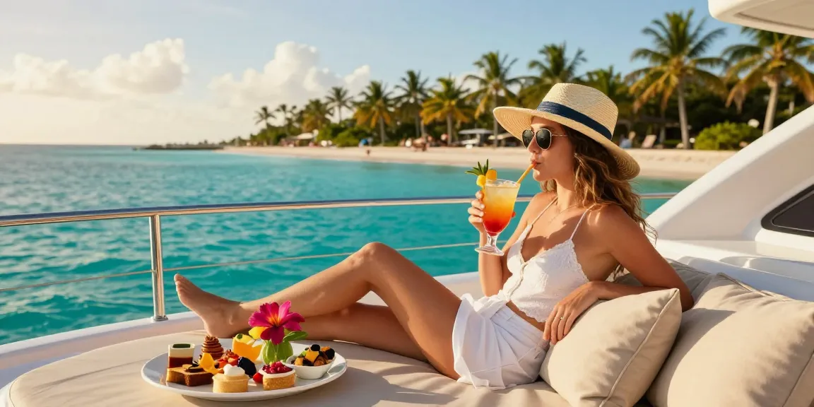 Carmen's Luxury Travel experience on a Caribbean yacht with gourmet food and tropical scenery.