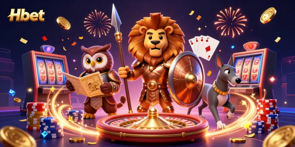 Engage in thrilling betting adventures at Hbet with a vibrant 3D casino scene featuring dynamic characters and game elements.