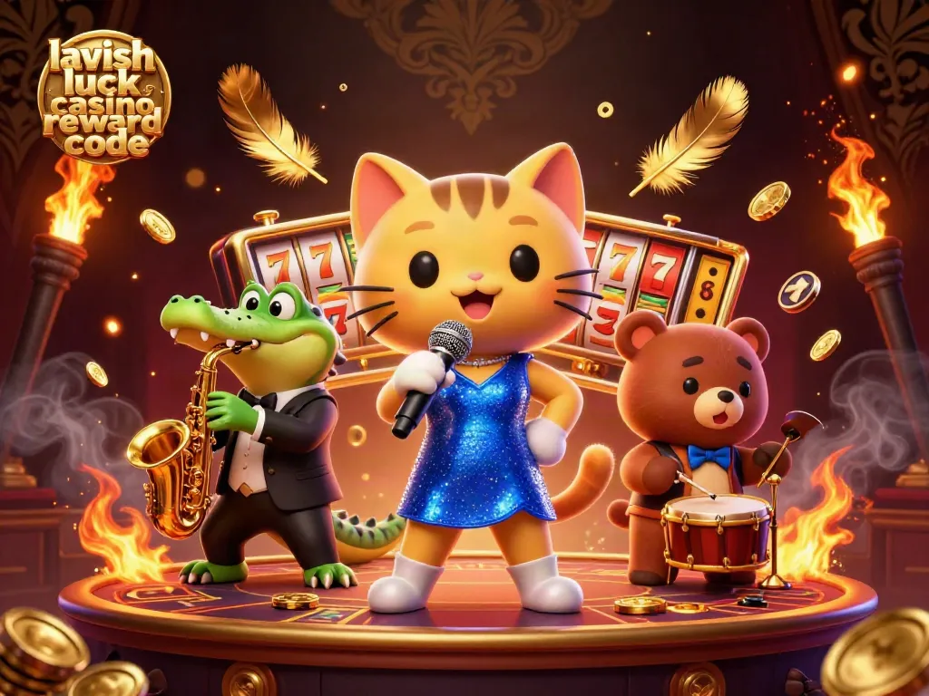 Play and win with lavish luck casino reward code at a lively 3D casino stage filled with vibrant characters and elements.