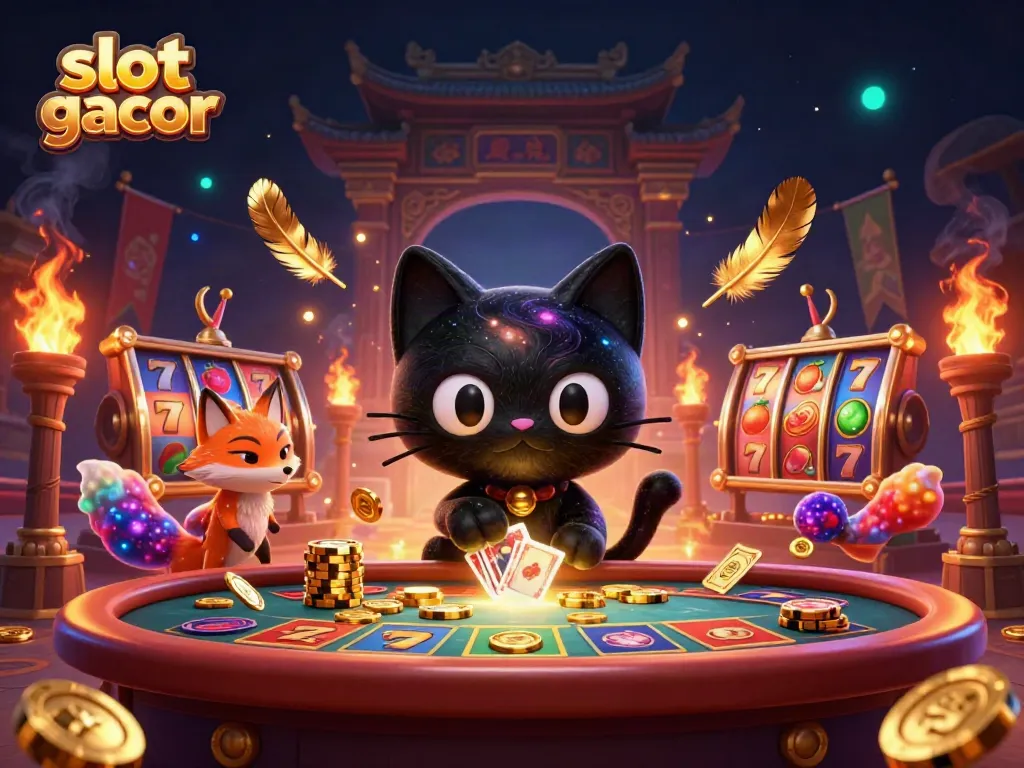 Winning golden chips and cards flow towards the slot gacor as cosmic characters spin the reels.